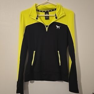 PINK Victoria's Secret Black and Neon Yellow Quarter-Zip Sweatshirt Pockets XS